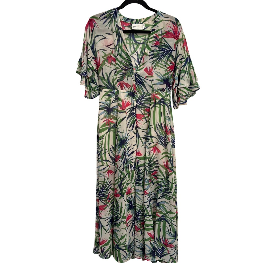 The Room Sheer Maxi Dress Tropical Floral Green Pink Polyester Rayon Size S